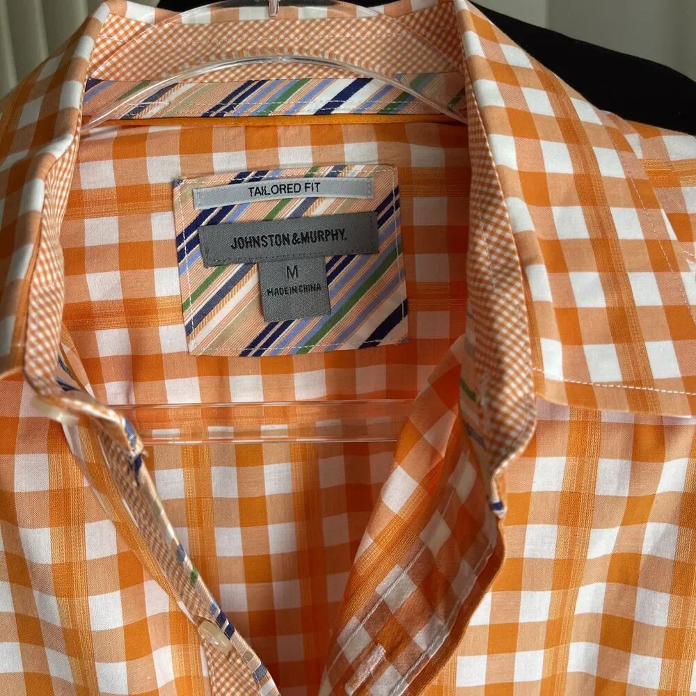 Johnston & Murphy tailored fit Orange Gingham Plaid shirt Contrast Trim Size M